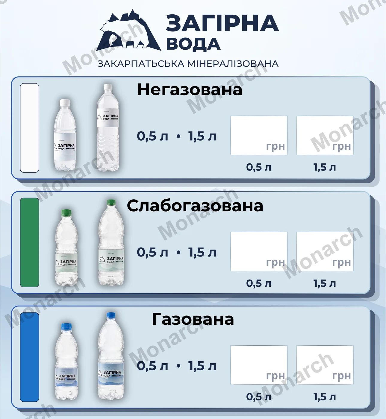 Загірна вода — Прайс — 0,5 і 1,5 л